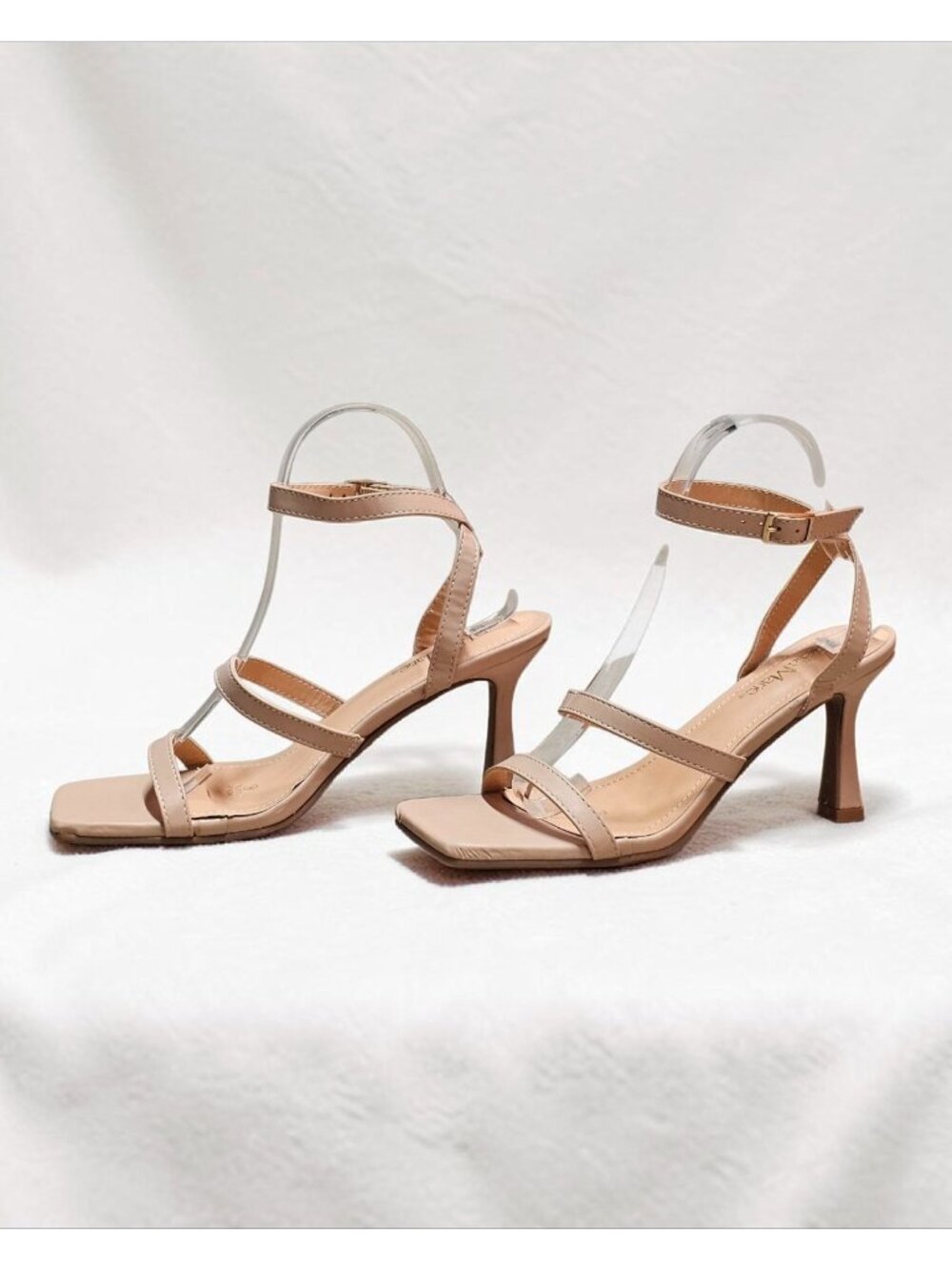 Strappy Nude Beige High Heel Sandals With Square Toe & Adjustable Ankle Strap Fo - Picture 13 of 15